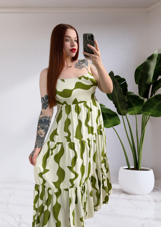 Wave Print Tiered Midi Dress with Tie Back Detail - Green