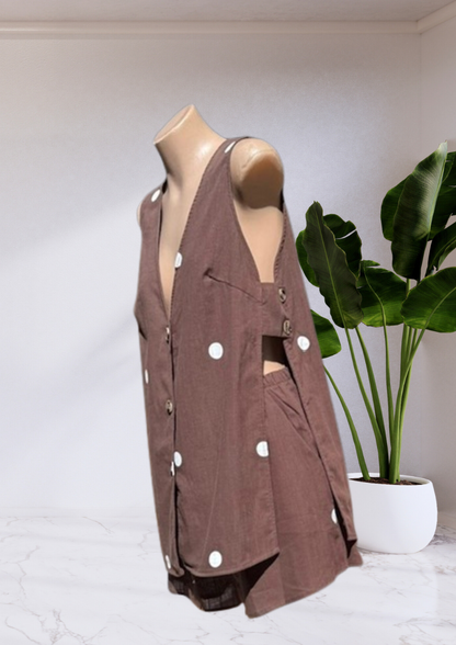 Milly Polka Dot Button Up Open Vest Shirt & Shorts Set - Chocolate Brown | By Frankie