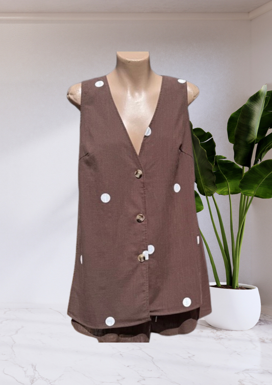 Milly Polka Dot Button Up Open Vest Shirt & Shorts Set - Chocolate Brown | By Frankie