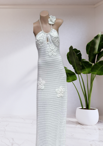 Adeline Halter Floral Crochet Knit Long Maxi Dress - White | By Frankie