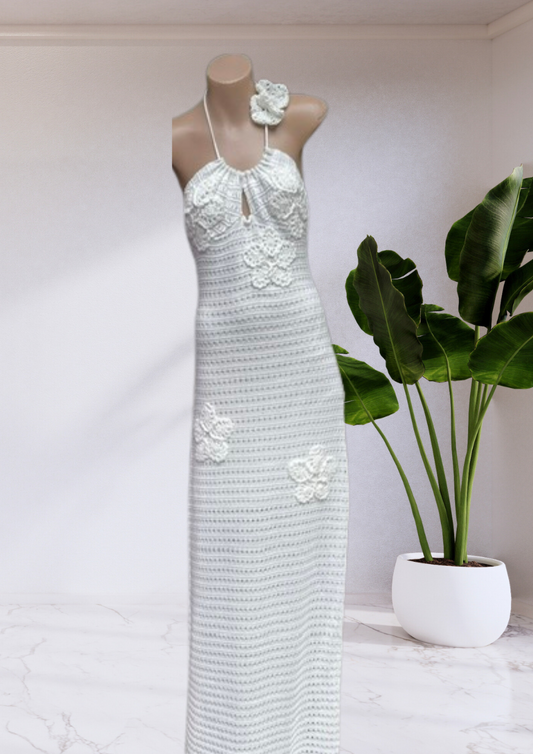 Adeline Halter Floral Crochet Knit Long Maxi Dress - White | By Frankie