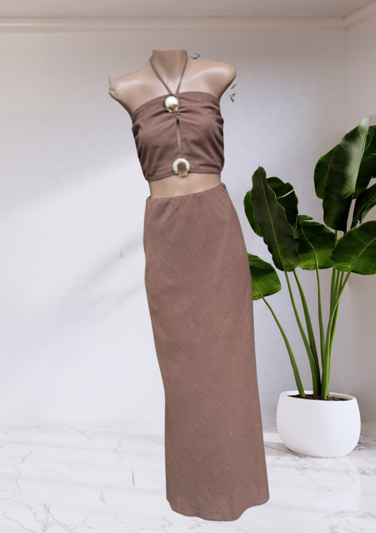 Amy Double Shell Halter Top & Skirt Set - Brown | By Frankie