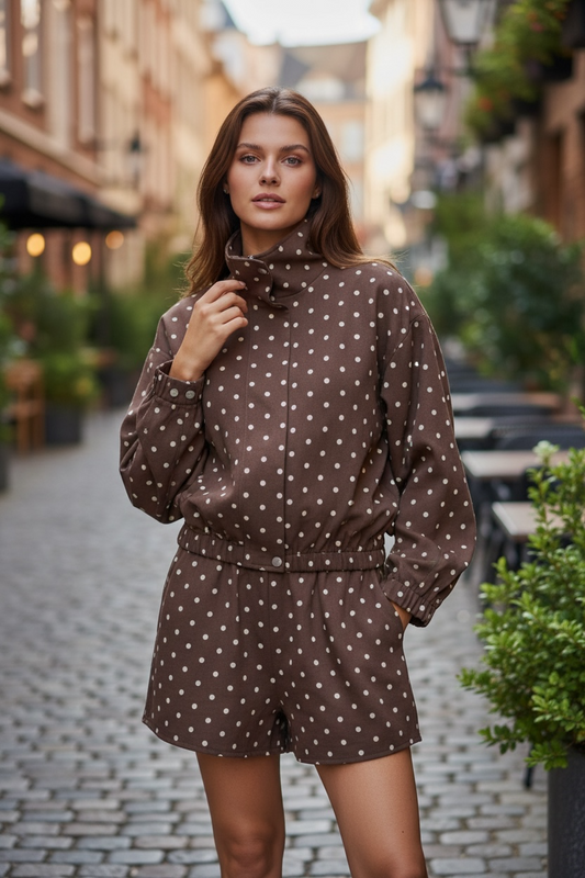 Funnel Neck Jacket & Matching Shorts Set - Brown Polka Dot | By Frankie
