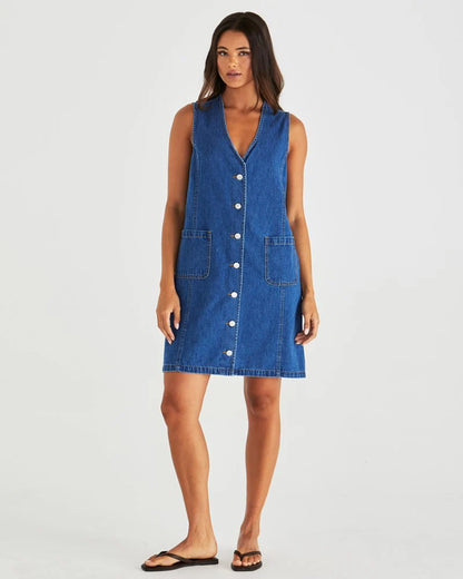 Sabine Button Up Denim Vest Dress - Blue
