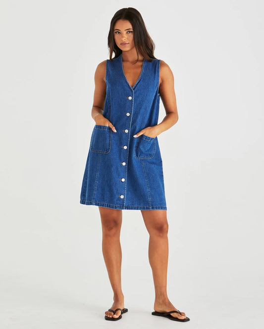 Sabine Button Up Denim Vest Dress - Blue