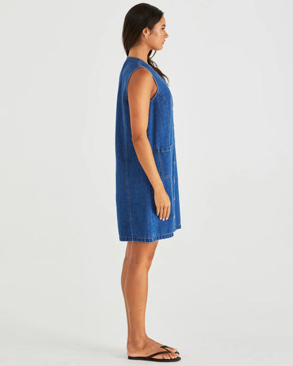 Sabine Button Up Denim Vest Dress - Blue