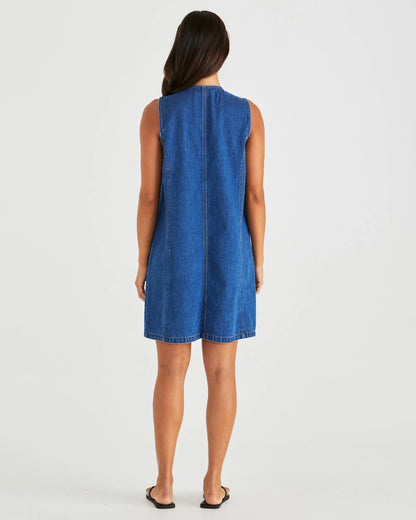 Sabine Button Up Denim Vest Dress - Blue