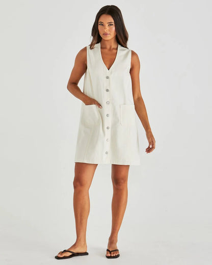 Sabine Button Up Denim Vest Dress - Cream
