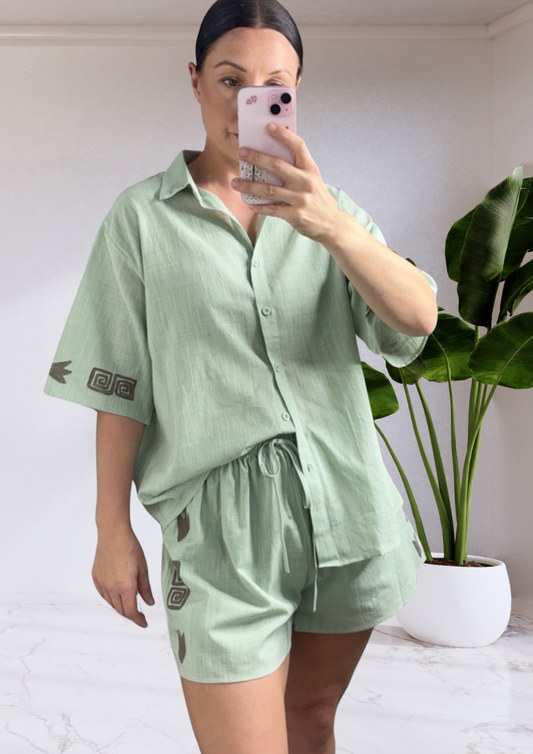 Taya Button Up Shirt & Shorts Set - Side Print Sage Green
