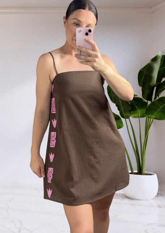 Stella Slip Cotton Mini Dress Brown Pink Side Print