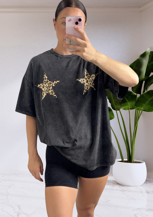 Mya Oversized Tee - Black Acid Wash Leopard Stars