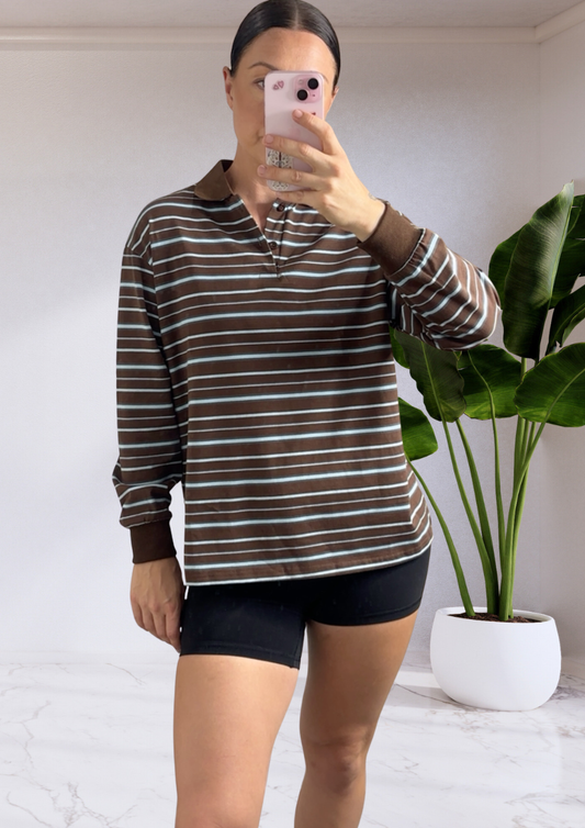 Rugby Jersey Long Sleeves Shirt - Brown Blue Stripe