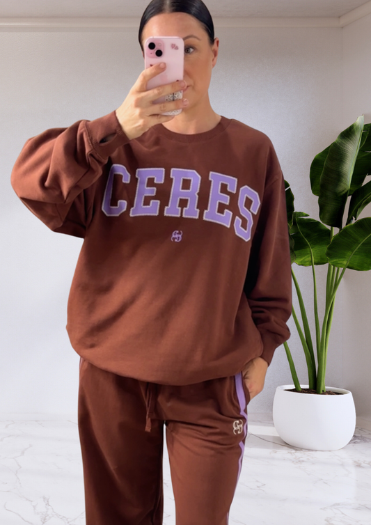 Isla Oversized Slouchy Crew - Burnt Toffee Orchid Heritage Logo