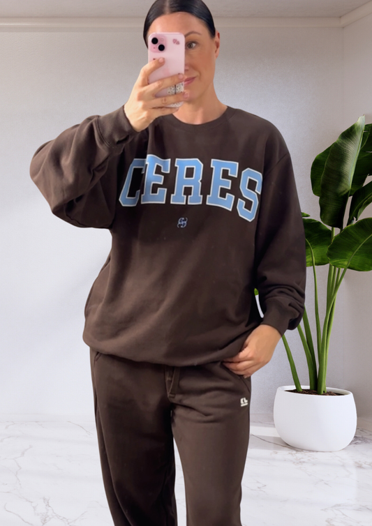 Isla Oversized Slouchy Crew - Brown Heritage Logo