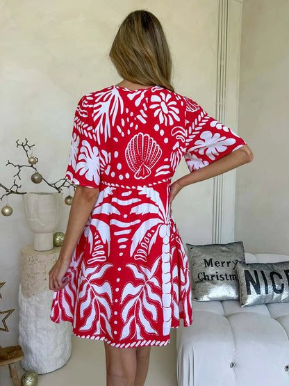 Sienna Short Sleeve Mini Dress - Red Bora Bora Print