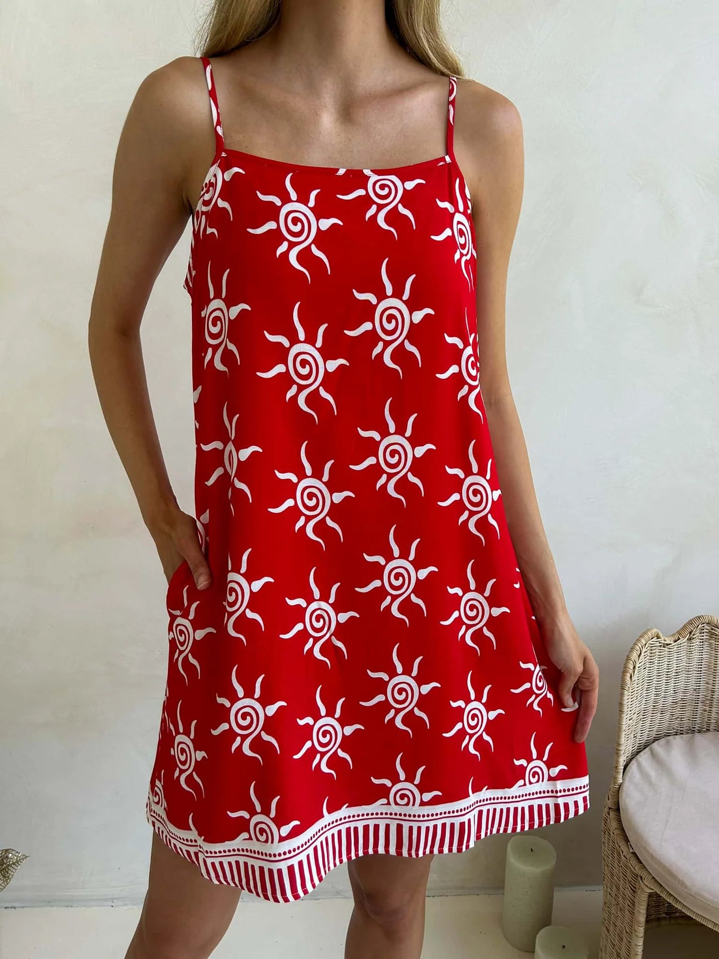 Libra Tie Back Slip Mini Dress - Mykonos Print Red & White