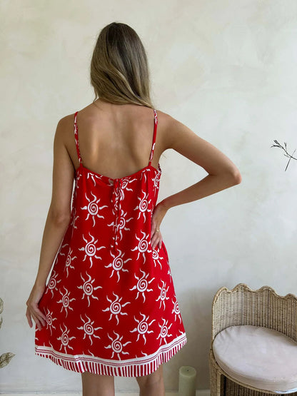 Libra Tie Back Slip Mini Dress - Mykonos Print Red & White