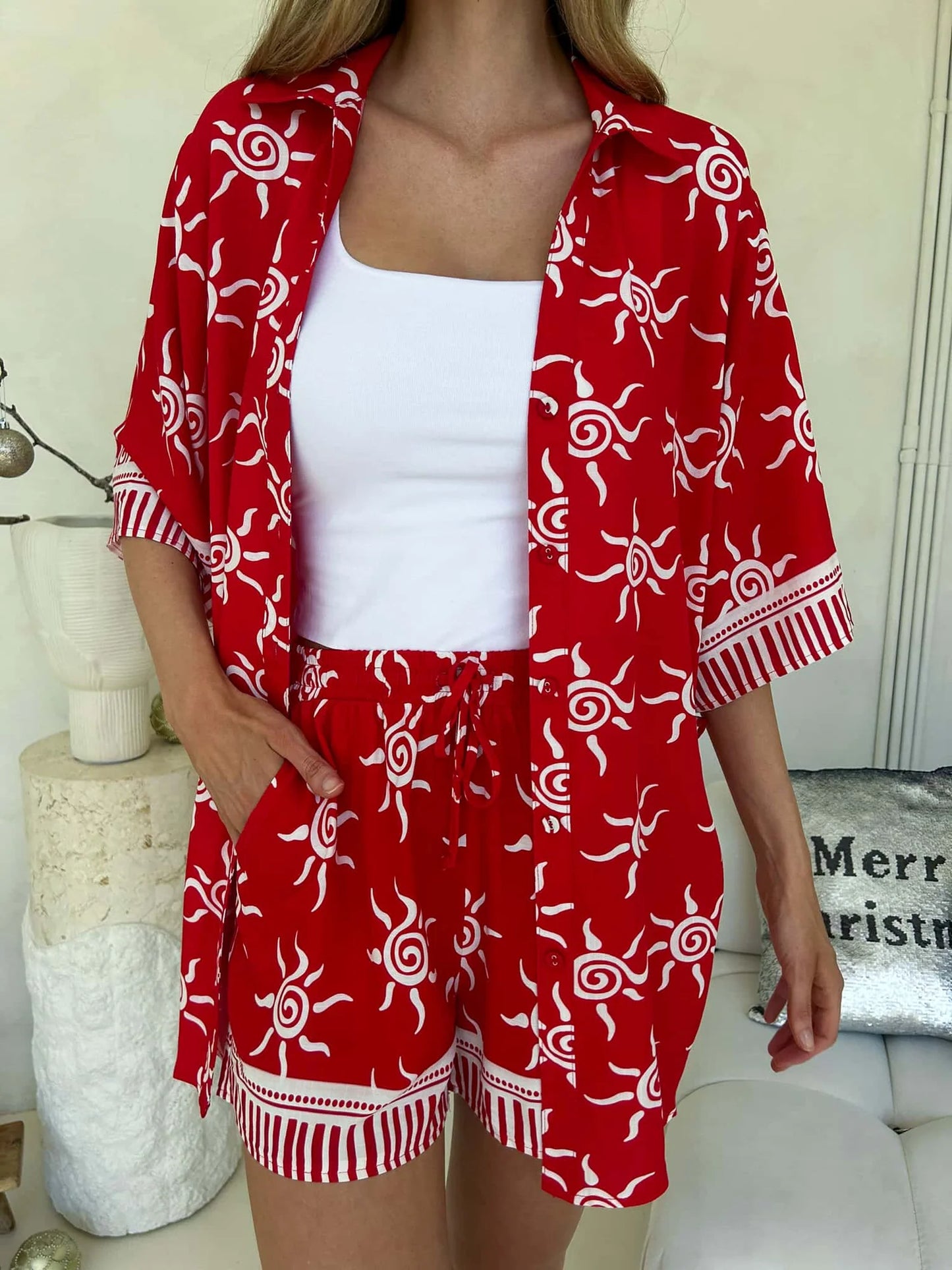 Aria Button Up Shirt & Matching Shorts Set in Mykonos Print