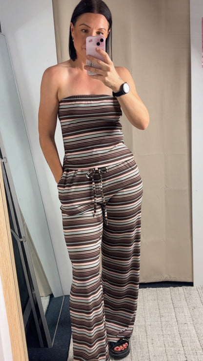 Amy Strapless Tube Top & Pants Set - Brown Stripe