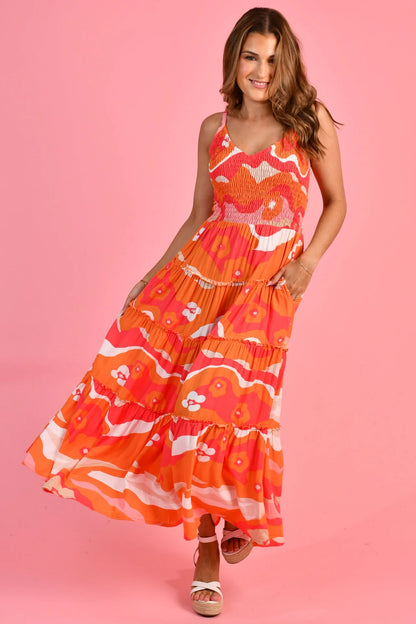 Jolene Shirred Bust Maxi Dress - Orange Summer Sunrise