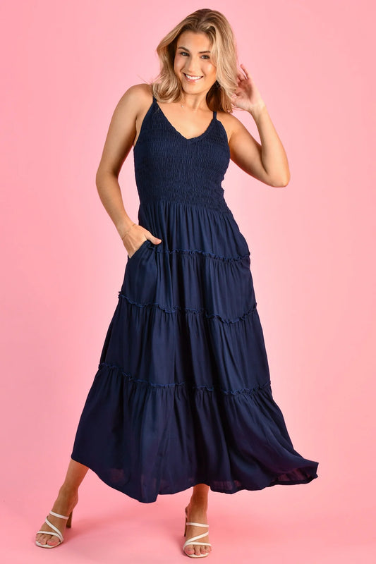 Jolene Shirred Bust Maxi Dress - Navy
