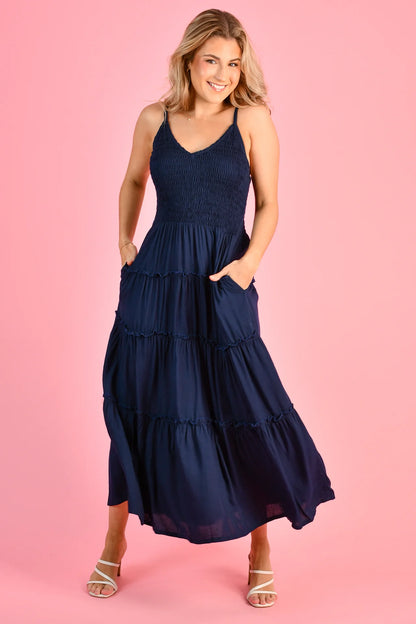 Jolene Shirred Bust Maxi Dress - Navy