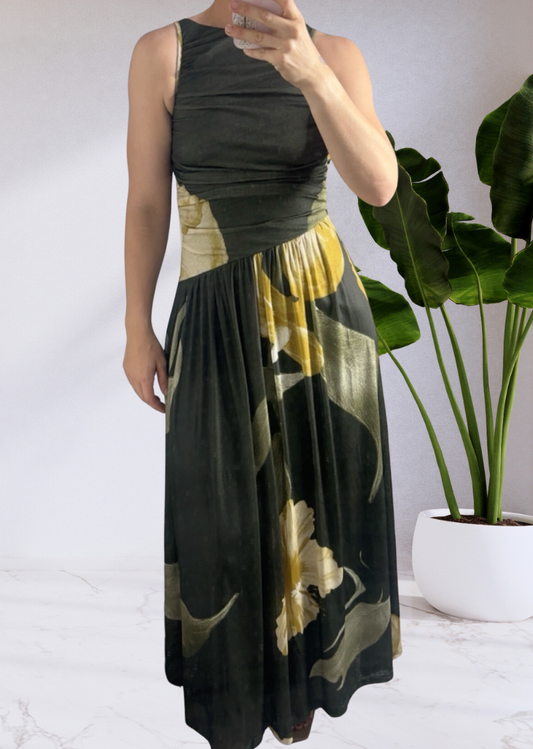 Melody Ruched Bodice Floral Print Jersey Maxi Dress - Green