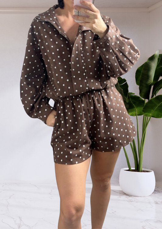 Funnel Neck Jacket & Matching Shorts Set - Brown Polka Dot