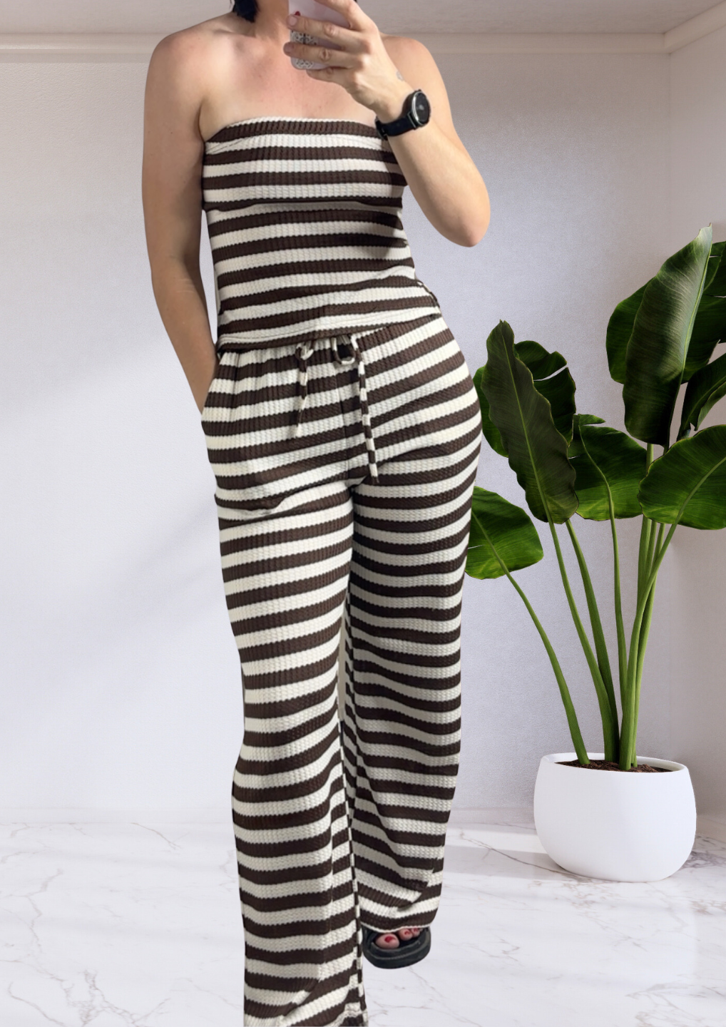 Amy Ribbed Strapless Tube Top & Pants Set - Cream Brown Stripe