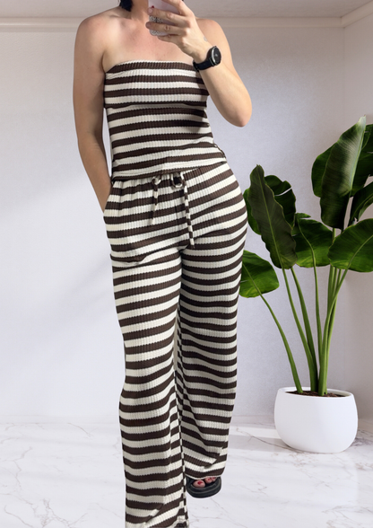 Amy Ribbed Strapless Tube Top & Pants Set - Cream Brown Stripe