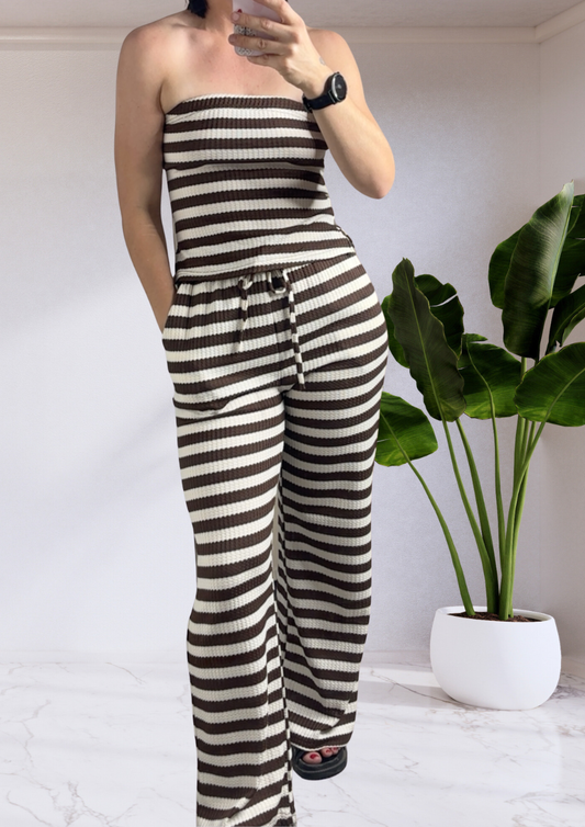 Amy Ribbed Strapless Tube Top & Pants Set - Cream Brown Stripe