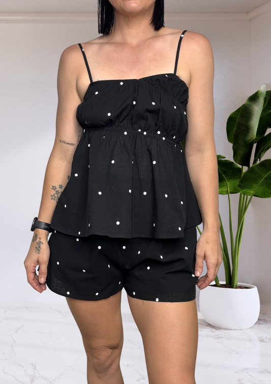 Rachel Mini Polka Dot Shirt & Short Set - Black