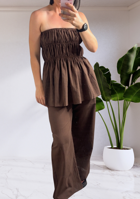Veronica Shirred Tube Top & Pants Set - Brown