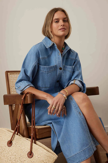 Rae Long Sleeve Midi Dress - Vintage Blue