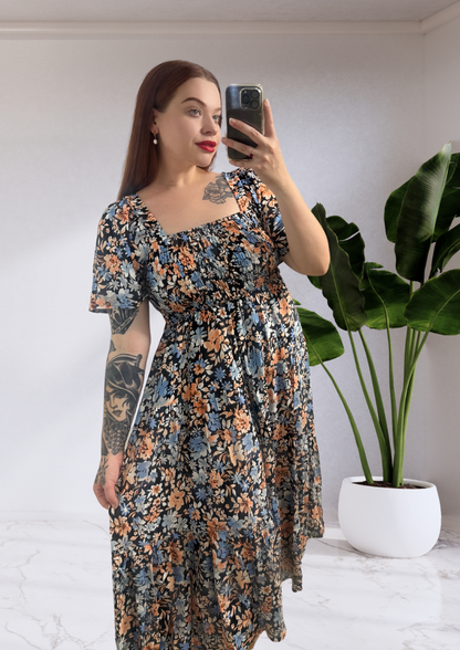 Clara Shirred Bust Tie Back Midi Dress - Navy Floral