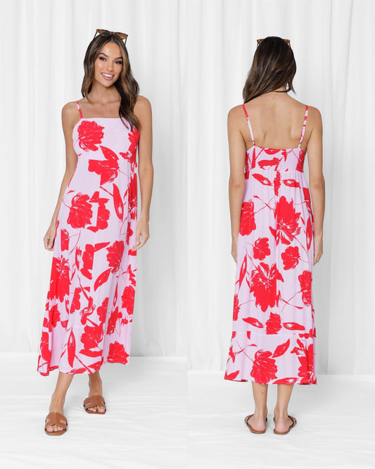 FELICITY FLORAL SHIRRED BACK MAXI DRESS - Pink Red