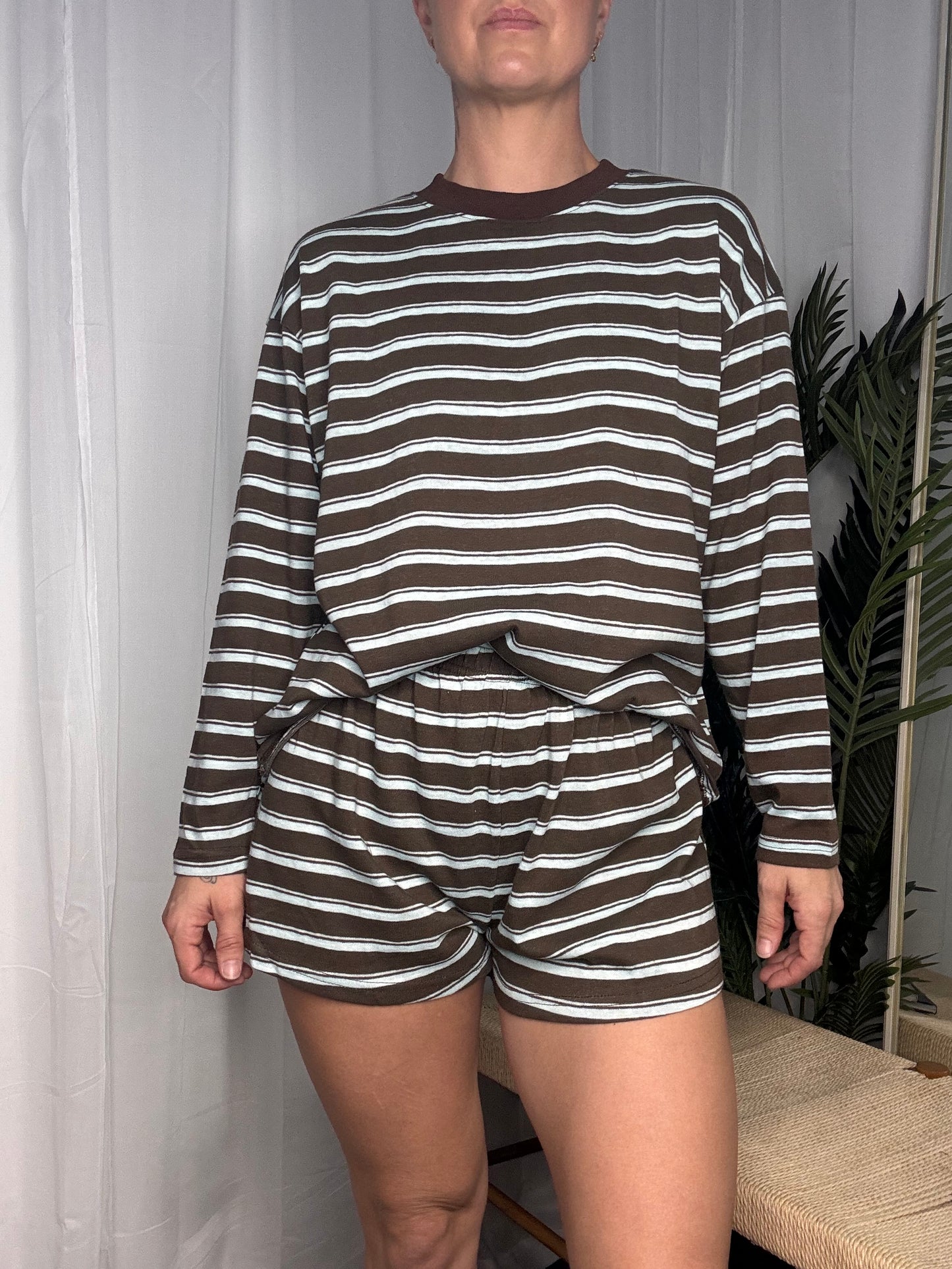 Tessa Long Sleeve Shirt & Shorts Set - Brown Blue Stripe