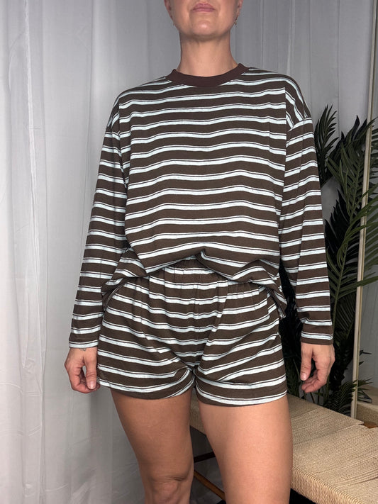 Tessa Long Sleeve Shirt & Shorts Set - Brown Blue Stripe