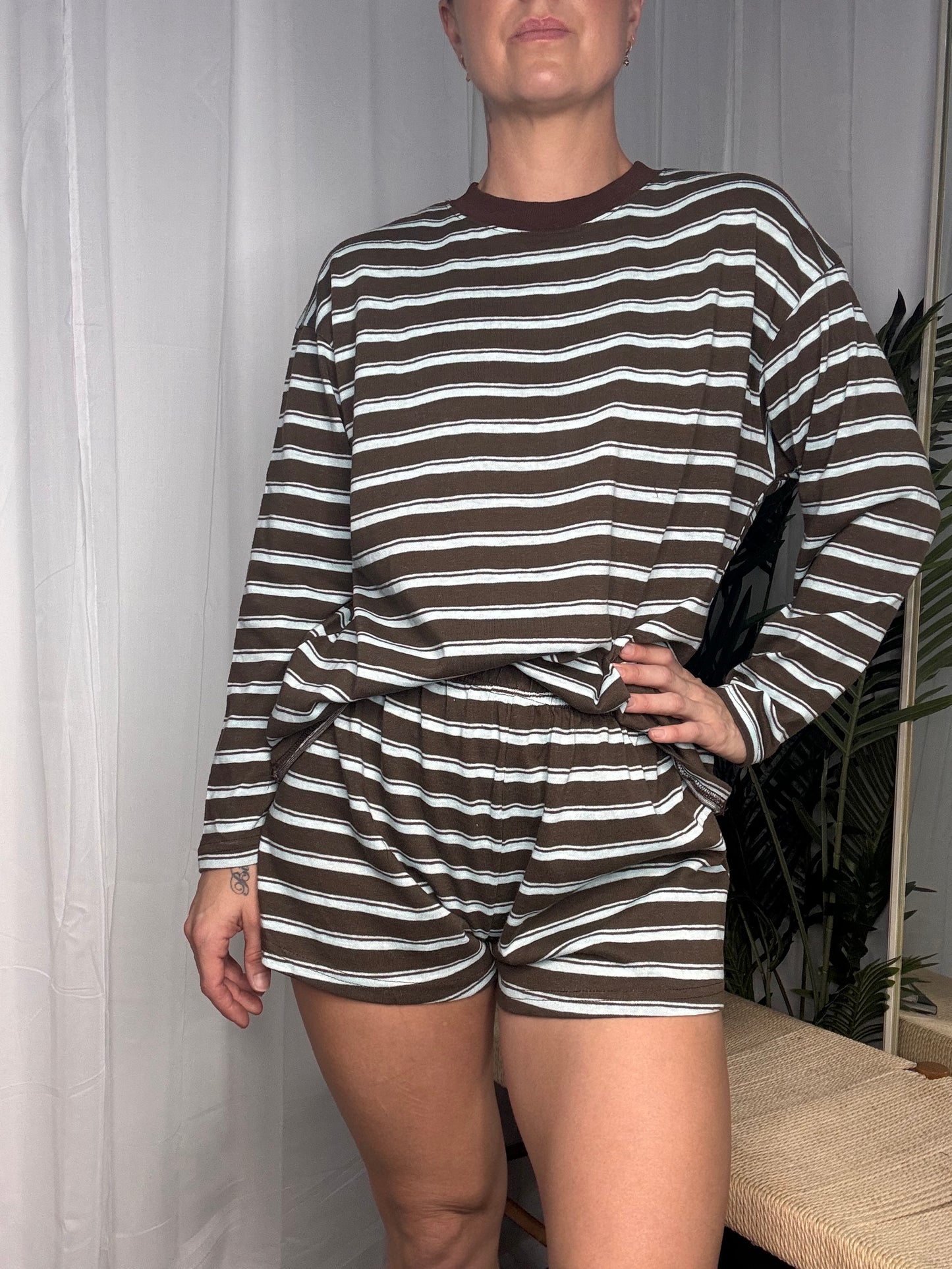 Tessa Long Sleeve Shirt & Shorts Set - Brown Blue Stripe