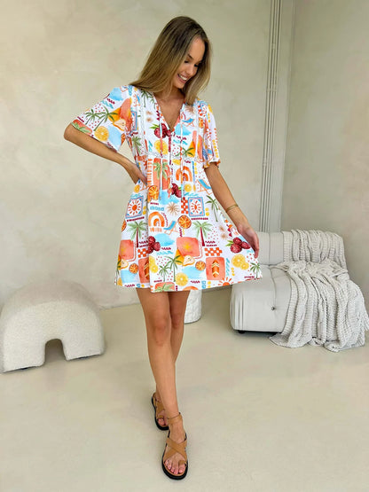 Sienna Button Bust Mini Dress - Citrus Print