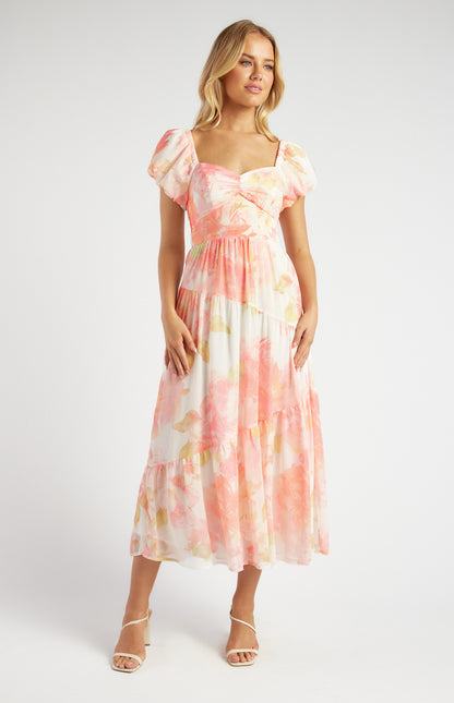 Chiffon Floral Print Puff Sleeve Midi Dress - Peach