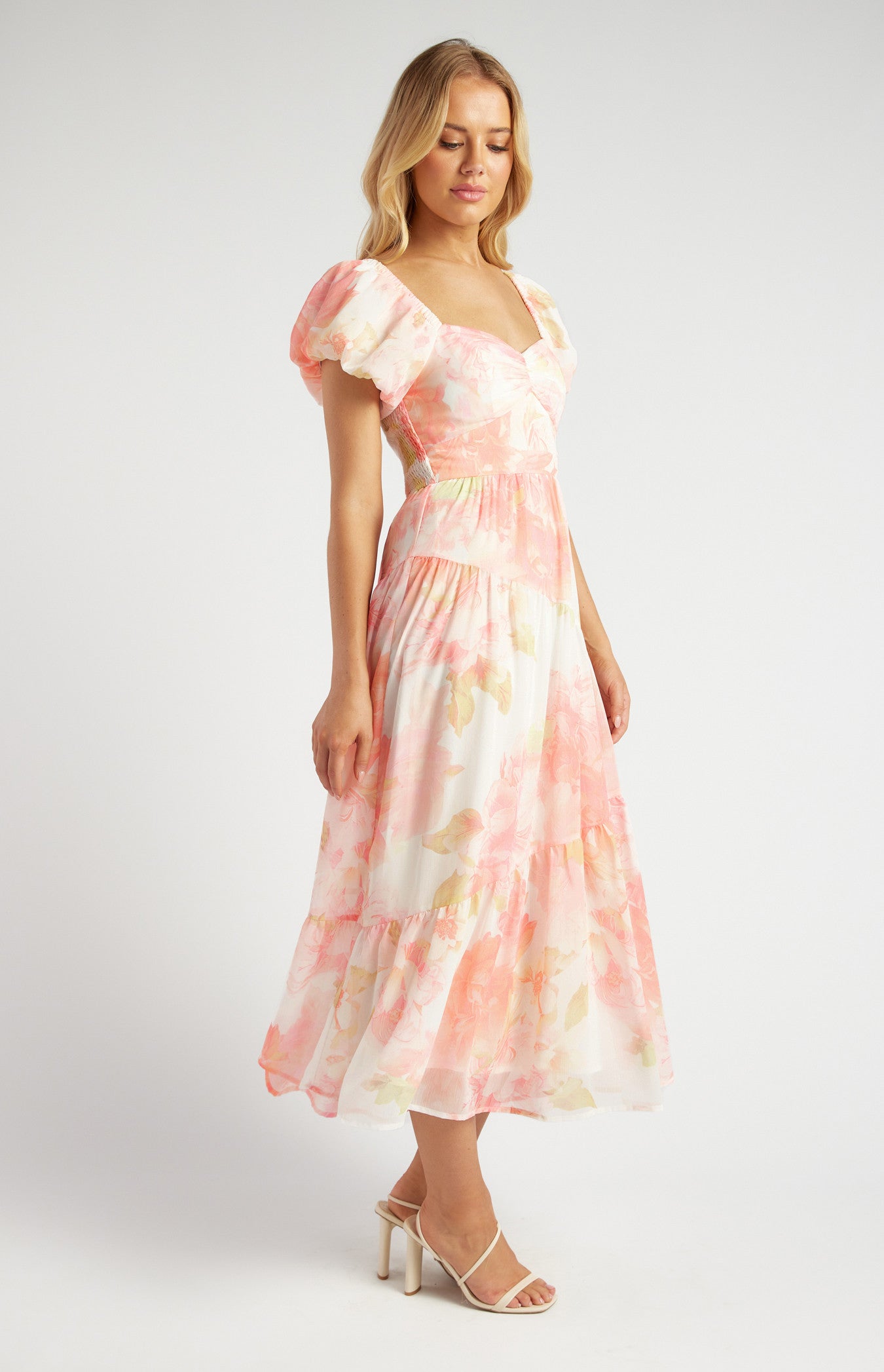 Chiffon Floral Print Puff Sleeve Midi Dress - Peach