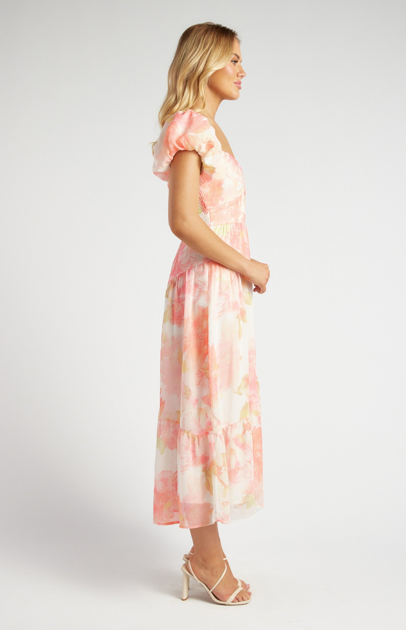 Chiffon Floral Print Puff Sleeve Midi Dress - Peach