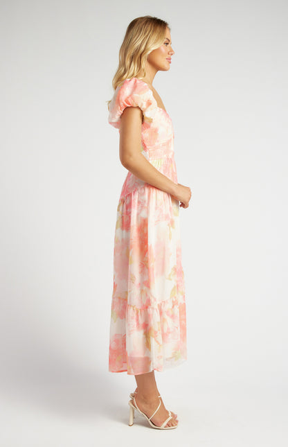 Chiffon Floral Print Puff Sleeve Midi Dress - Peach