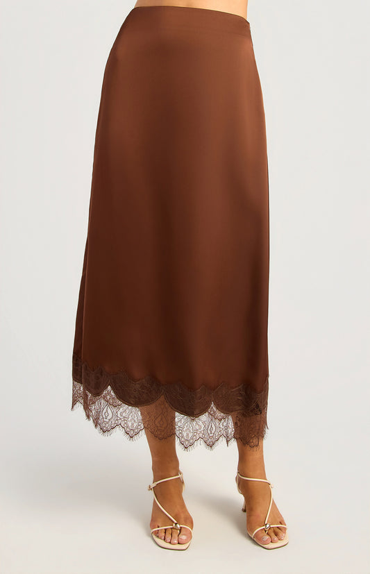 Lace Scallop Hem Satin Skirt - Chocolate Brown