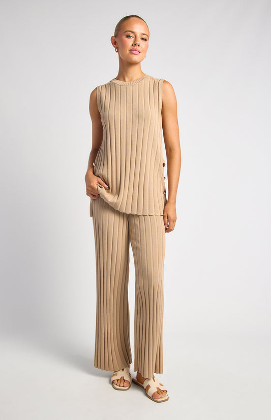 Katie Wide Rib Knit Sleeveless Top And Pants Set - Beige