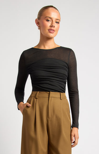 Tia Ruched Detail Bodice Sheer Top - Black