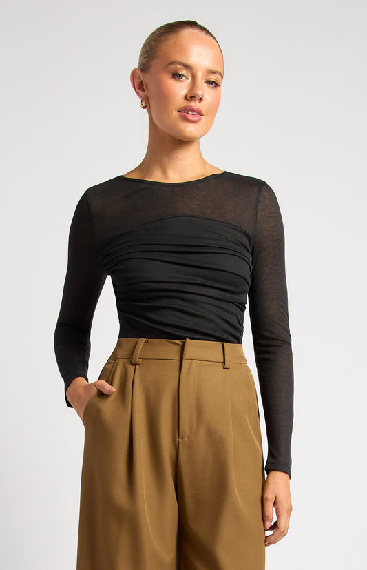 Tia Ruched Detail Bodice Sheer Top - Black