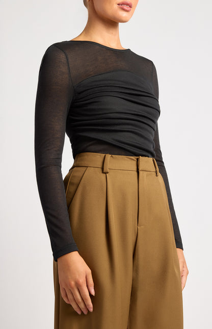 Tia Ruched Detail Bodice Sheer Top - Black