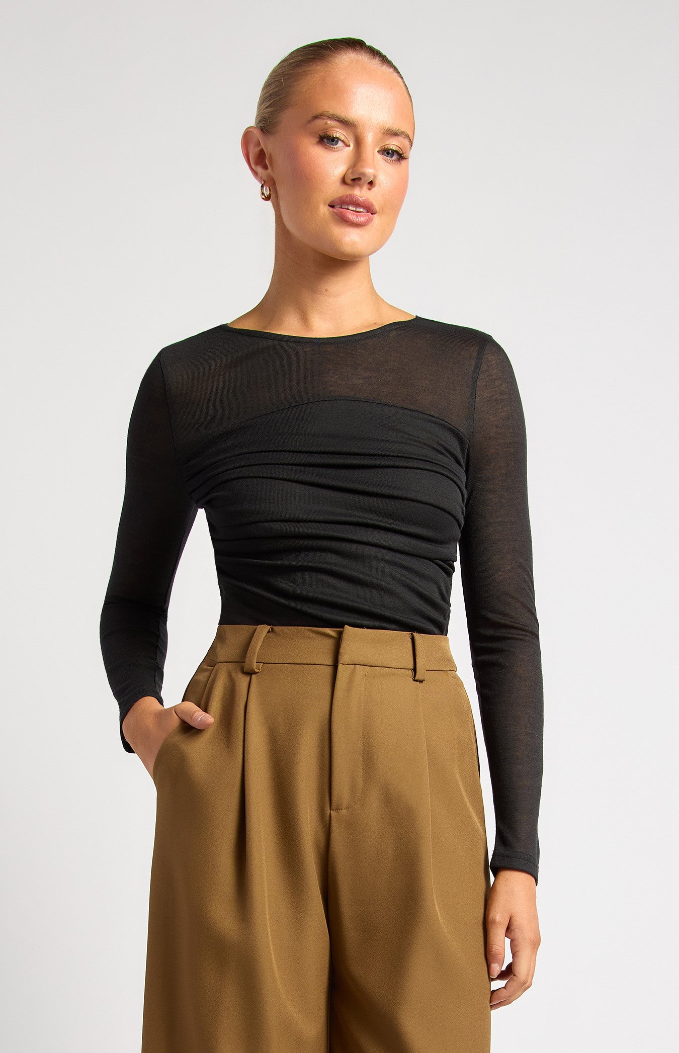 Tia Ruched Detail Bodice Sheer Top - Black